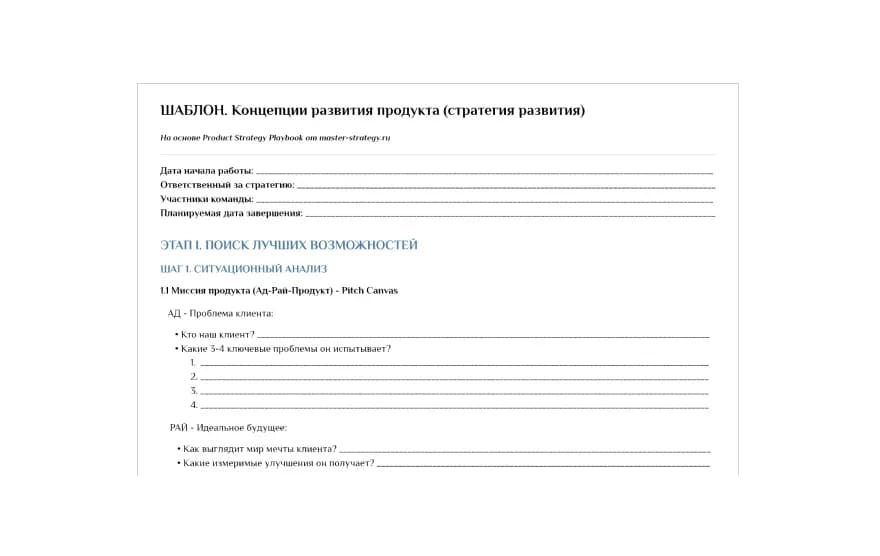 Пример шаблона «Концепции развития продукта (стратегия развития)»