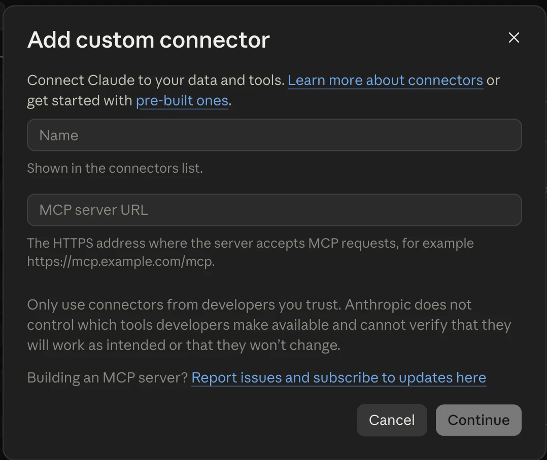 Форма Claude Add custom connector: поля Name и MCP server URL