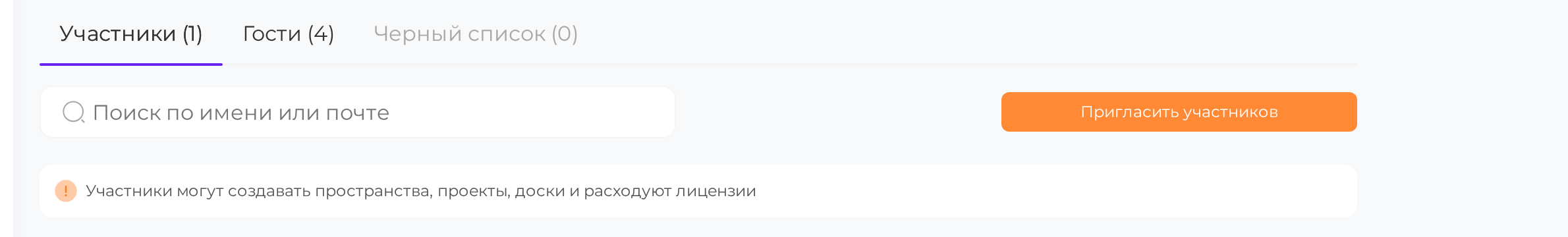 Вкладки участников, гостей и чёрного списка со счётчиками