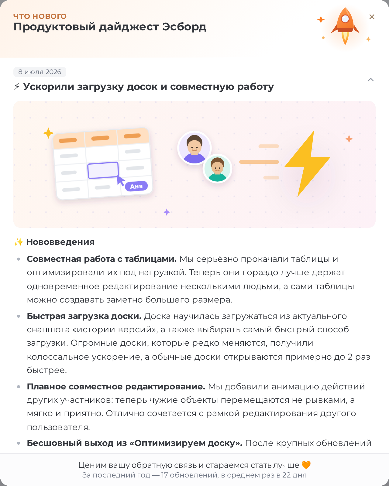 Окно «Продуктовый дайджест Эсборд» с раскрытой первой записью и обложкой